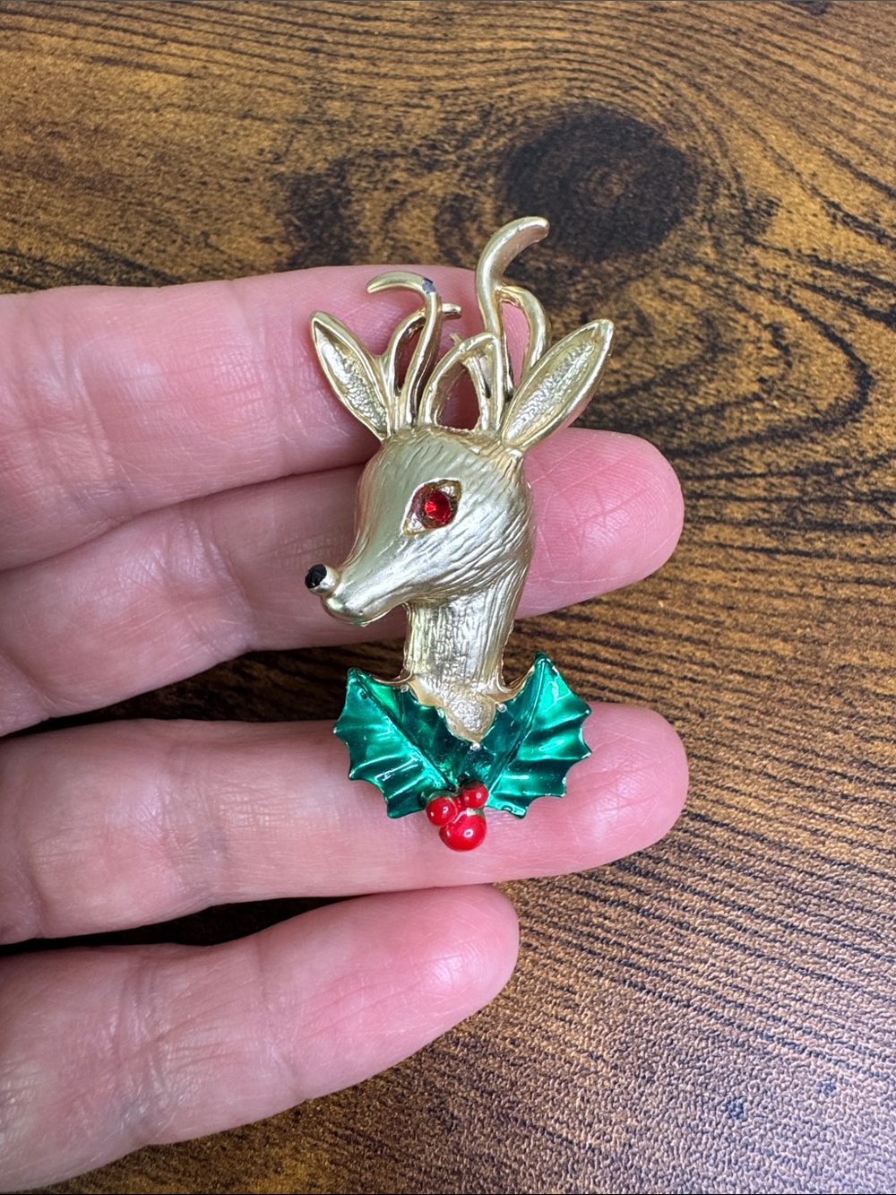 Vintage Gold Reindeer Brooch with Green Holly and Red Accents